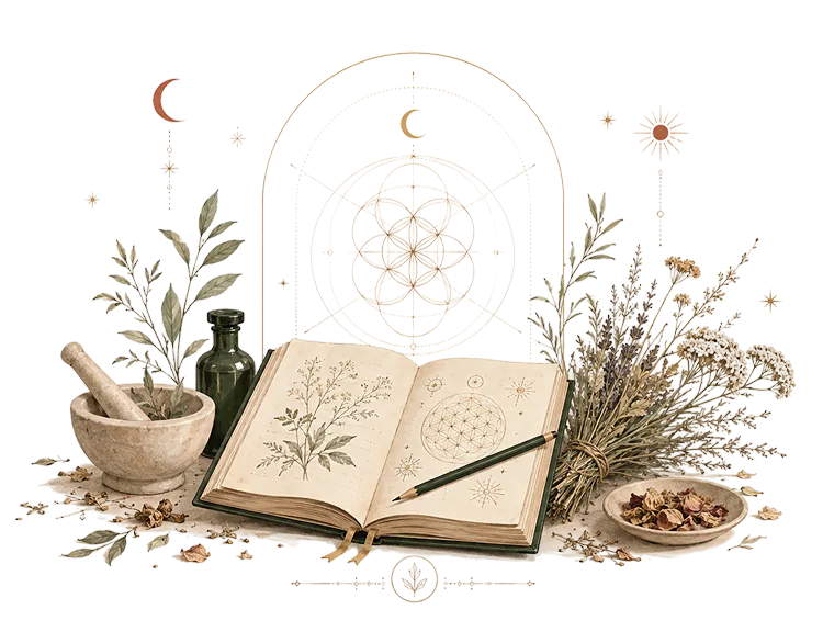 Открытая ботаническая книга, травы, ступка и геометрический орнамент