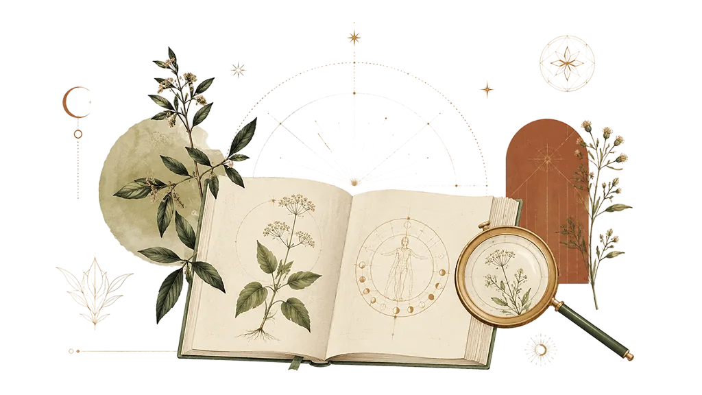 Открытая книга, травы, ступка и флакон